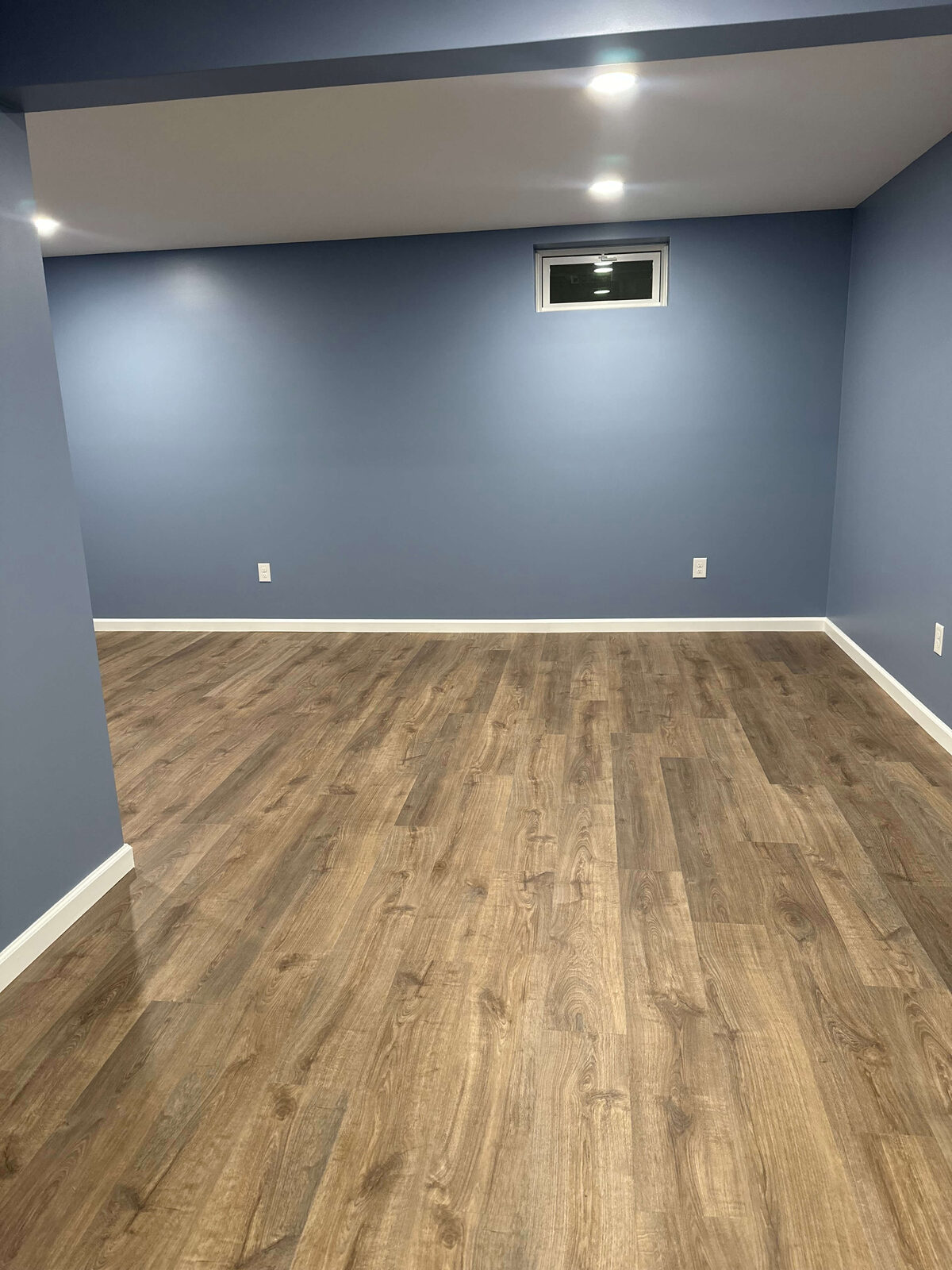 Open finished basement room with slate blue walls and LVP plank flooring
