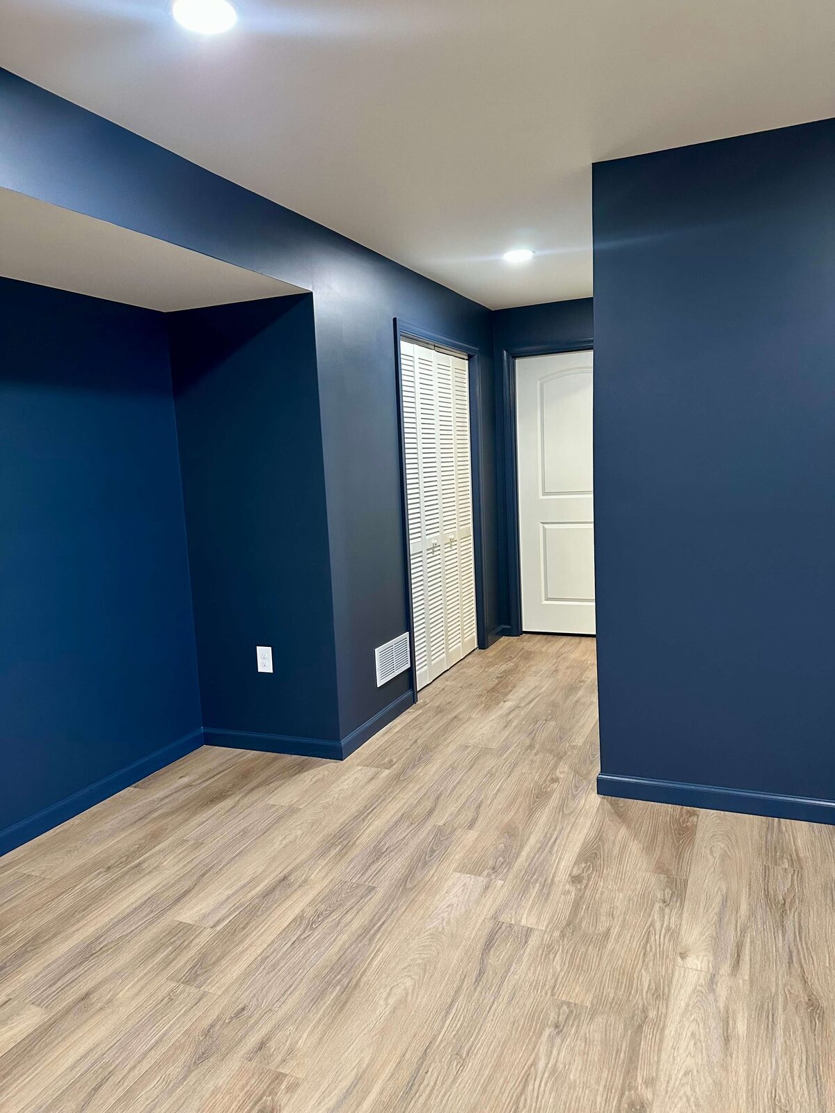 Finished basement room with deep navy walls and LVP wood flooring by S&M Construction